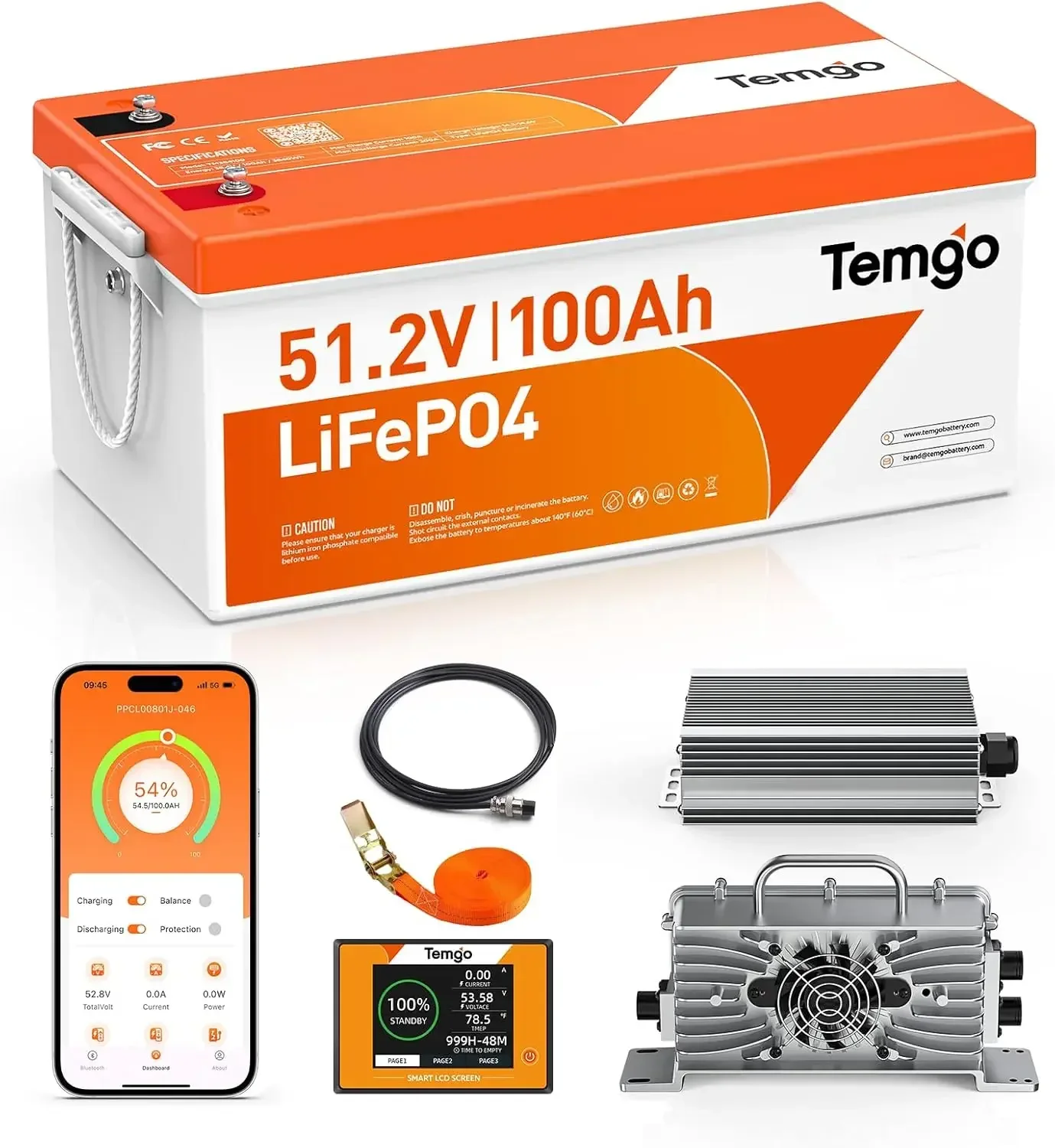 Lithium Battery 100Ah - 48V（51.2V）100Ah LiFePO4リチウムゴルフカートバッテリー、内蔵200A BMS、充電器、LCDディスプレイ、電圧コンバーター、固定ストラップ、アプリ付きの完全アップグレードキット、5000回以上のサイクル寿命